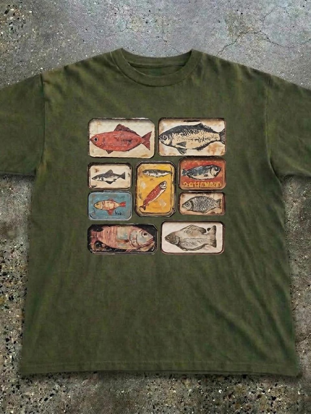 Gildan Olive Green Tee with Vintage Fish Can Graphic